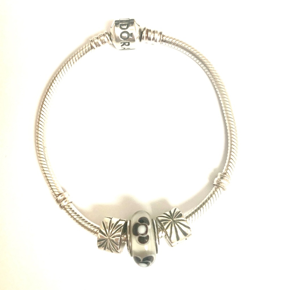 Pandora Moments Barrel Clasp Snake Chain Bracelet with three Charms